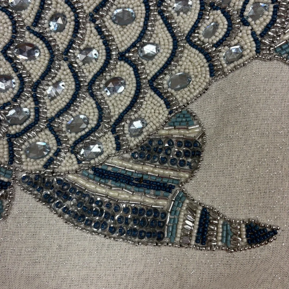 Pier One Beaded Fish Pillow Sham Square 14x14 Blue Cream‎ Sparkly Sequin Beach